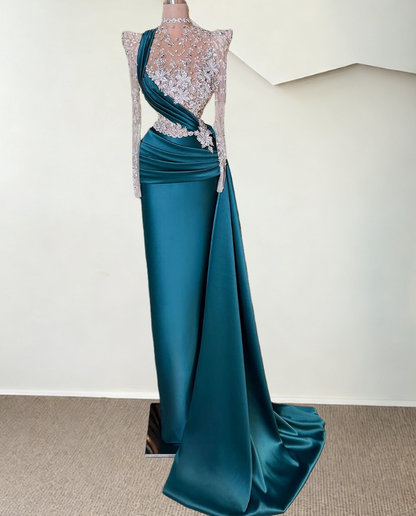 Stylish High Collar Long Sleeve Satin Evening Dress Sheath Crystals Appliques Prom Dress AP6519