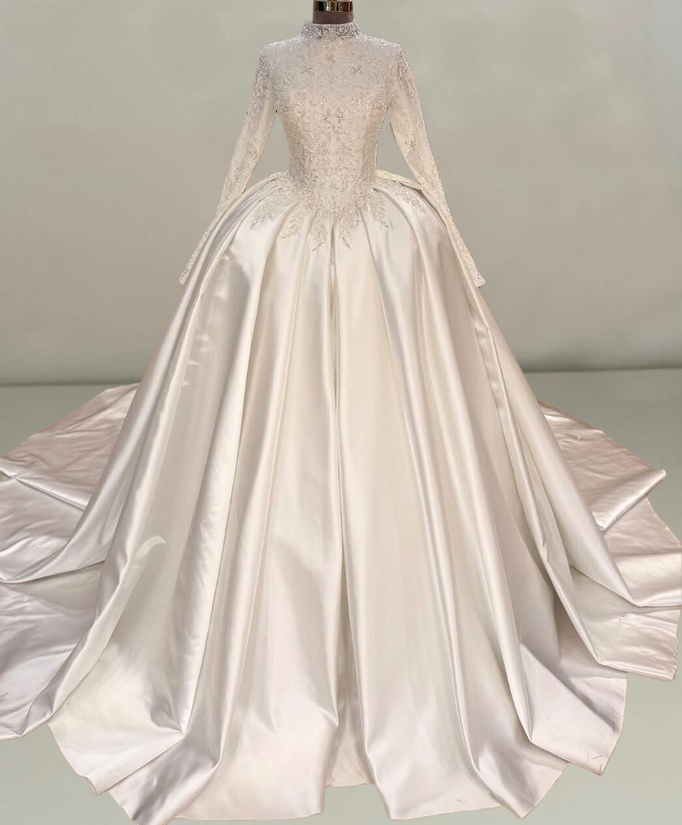 Flattering High Collar A-Line White Bridal Gowns Long Sleeve Sequins Appliques Satin Wedding Dress AP6520