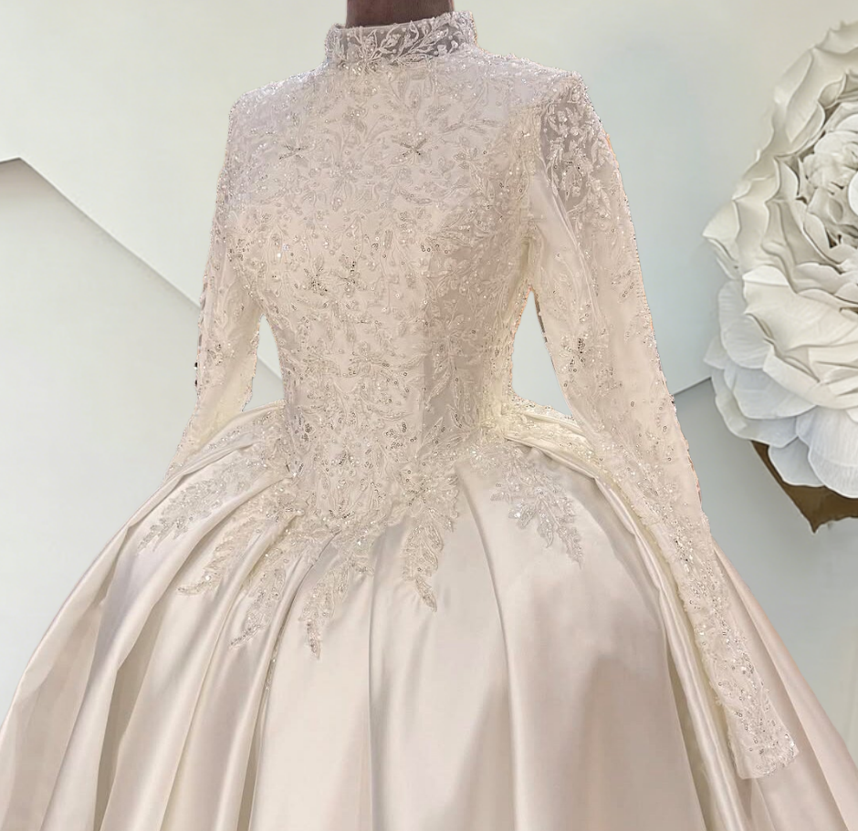 Flattering High Collar A-Line White Bridal Gowns Long Sleeve Sequins Appliques Satin Wedding Dress AP6520