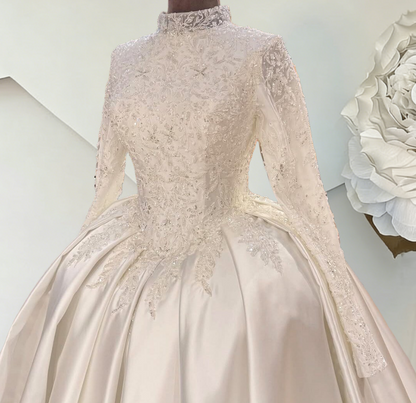 Flattering High Collar A-Line White Bridal Gowns Long Sleeve Sequins Appliques Satin Wedding Dress AP6520