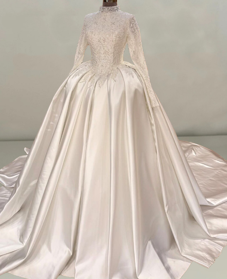 Flattering High Collar A-Line White Bridal Gowns Long Sleeve Sequins Appliques Satin Wedding Dress AP6520