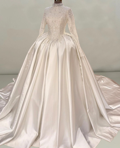 Flattering High Collar A-Line White Bridal Gowns Long Sleeve Sequins Appliques Satin Wedding Dress AP6520