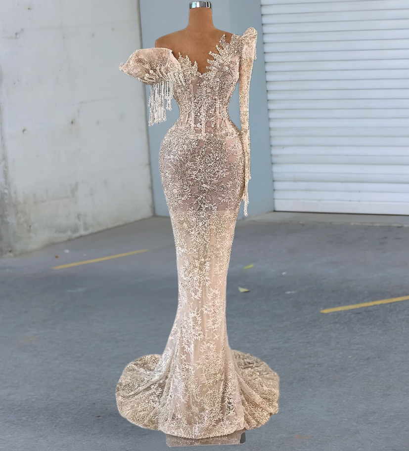Sexy Lace One Shoulder Evening Mermaid Dress Long Sleeve Tassel Beading Prom Dress AP6523
