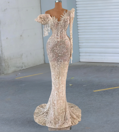 Sexy Lace One Shoulder Evening Mermaid Dress Long Sleeve Tassel Beading Prom Dress AP6523