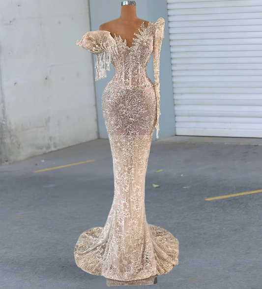 Sexy Lace One Shoulder Evening Mermaid Dress Long Sleeve Tassel Beading Prom Dress AP6523
