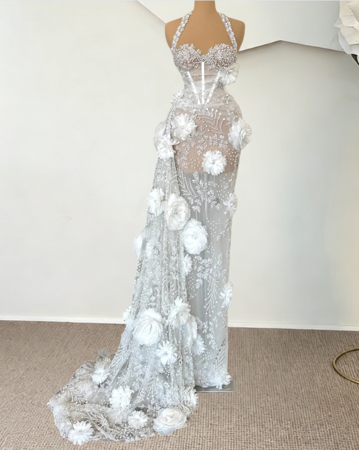 Vogue Sheath Halter Neck Handmade Flowers Bridal Dress Beading Crystals Wedding Dress AP6524