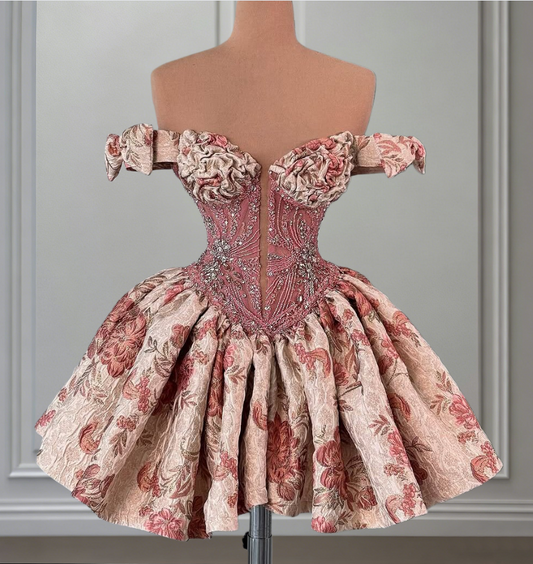Modern Off-Shoulder A-Line Ruffled Birthday Dresses Beading Bows Floral Homecoming Dress AP6526