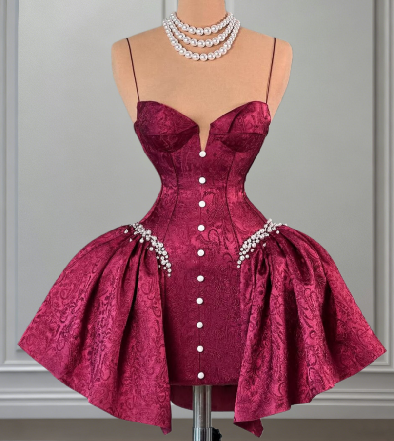 Princess A-Line Spaghetti Strap Birthday Gowns Jacquard Pearls Homecoming Dress AP6527