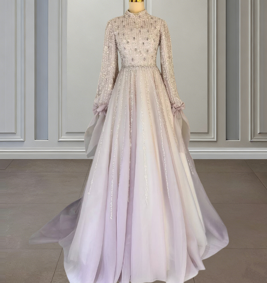 Pretty Long Sleeve High Collar Beading Sweet 16th Dresses A-Line Crystals Sequins Prom Dress AP6528