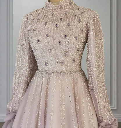 Pretty Long Sleeve High Collar Beading Sweet 16th Dresses A-Line Crystals Sequins Prom Dress AP6528