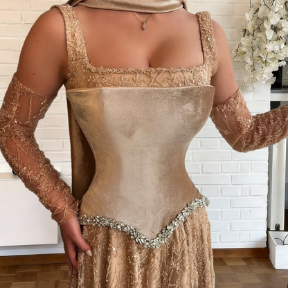 Fancy Spaghetti Strap A-Line Crystals Evening Gowns With Sleeve Beading Sequins Prom Dress AP6529