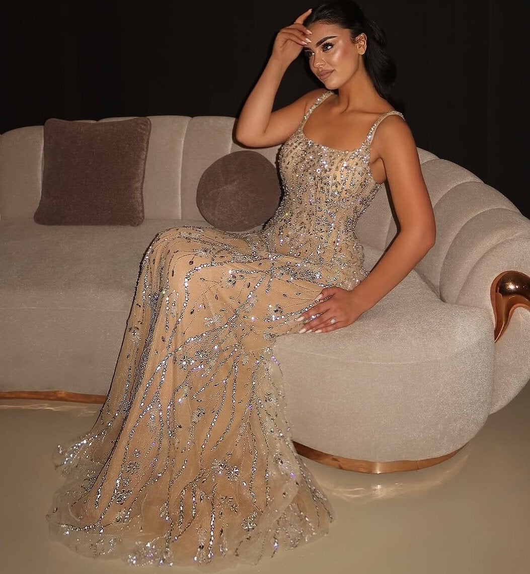 Delicate Spaghetti Strap A-Line Evening Gowns Sequins Crystals Prom Dress AP6530