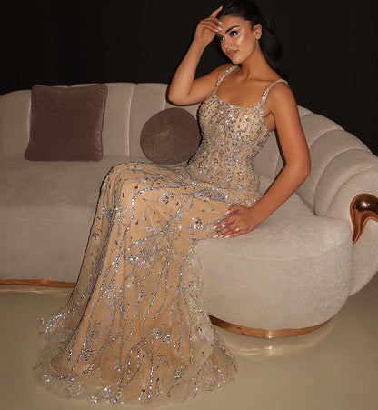 Delicate Spaghetti Strap A-Line Evening Gowns Sequins Crystals Prom Dress AP6530