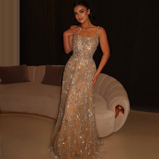 Delicate Spaghetti Strap A-Line Evening Gowns Sequins Crystals Prom Dress AP6530
