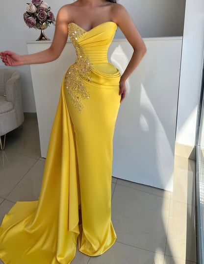 Hot Girls Strapless Sheath Pleated Sweet 16th Dresses Sequins Beading Yellow Prom Dress AP6531