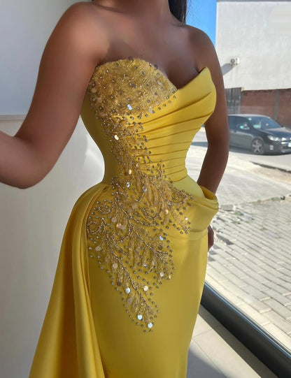 Hot Girls Strapless Sheath Pleated Sweet 16th Dresses Sequins Beading Yellow Prom Dress AP6531