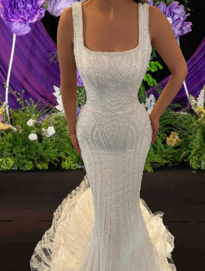 Casual Spaghetti Strap Mermaid Bridal Gowns Beading Sequins Wedding Dress AP6534