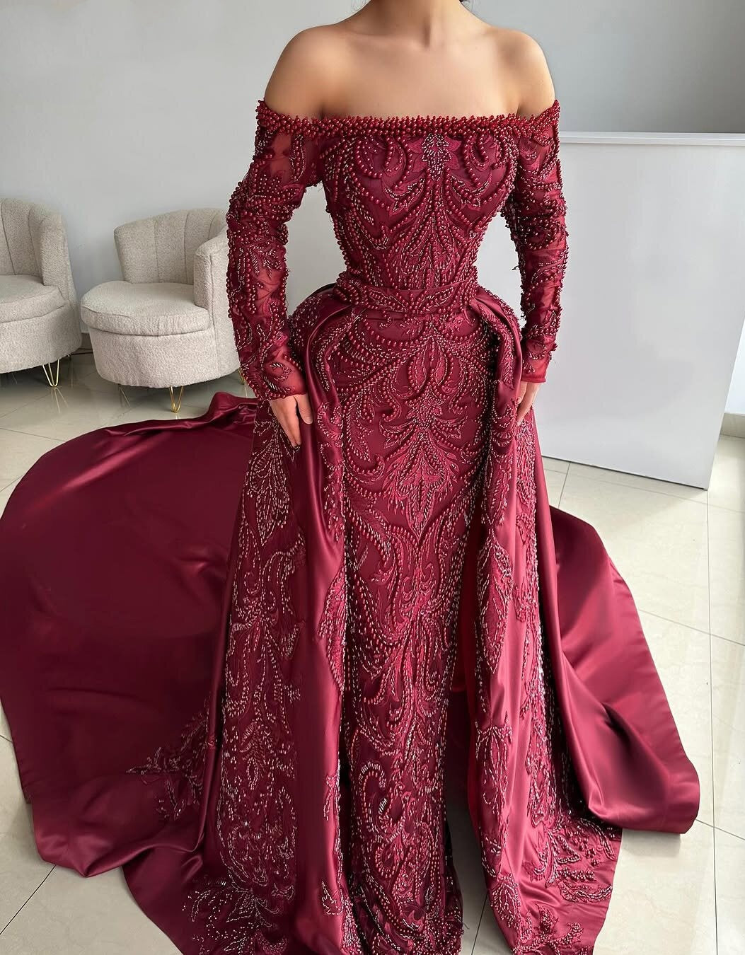 Y2K Style Off-Shoulder A-Line Sweet 16th Dresses Long Sleeve Red Beading Prom Dress AP6535