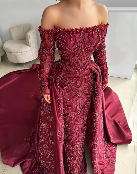 Y2K Style Off-Shoulder A-Line Sweet 16th Dresses Long Sleeve Red Beading Prom Dress AP6535