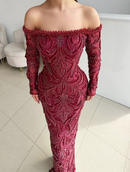 Retro Off Shoulder Evening Sheath Dress Red Long Sleeve Beading Prom Dress AP6536
