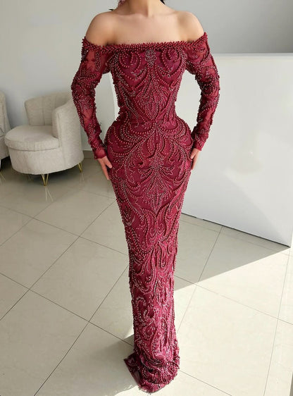 Retro Off Shoulder Evening Sheath Dress Red Long Sleeve Beading Prom Dress AP6536
