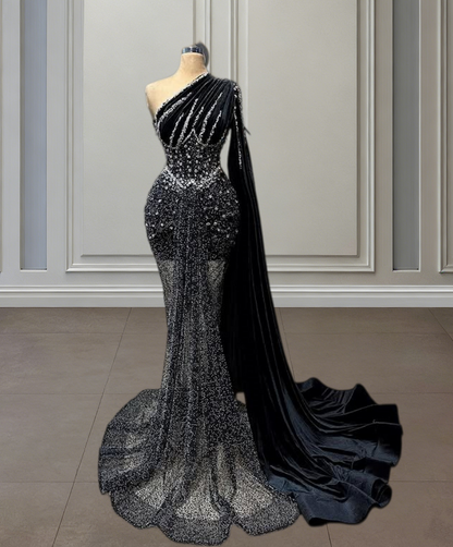 Gothic-Style One Shoulder Mermaid Evening Dresses Crystals Beading Prom Dress AP6538