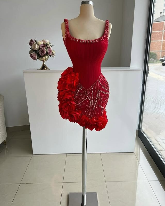 Exquisite Spaghetti Strap Sheath Sequins Birthday Dress Beading Handmade Flowers Homecoming Dress AP6541