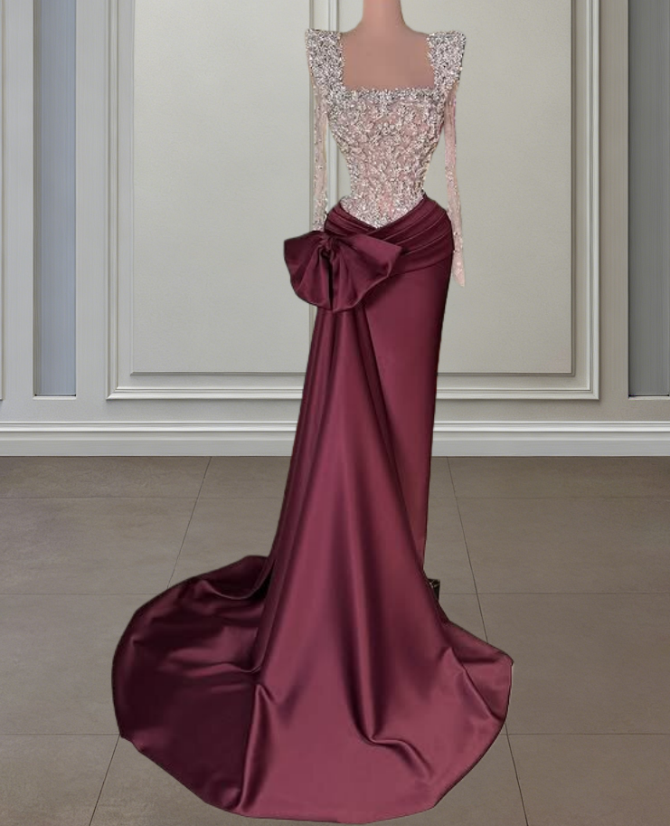 Refined Square Neck Sheath Pleated Evening Dress Bow Long Sleeve Crystals Prom Dress AP6543