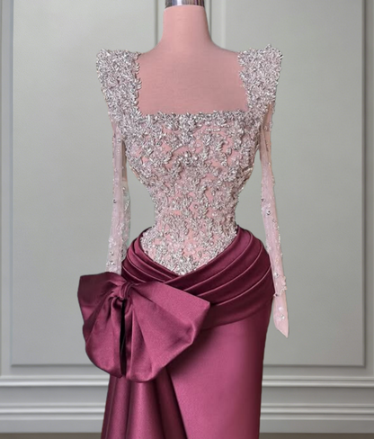 Refined Square Neck Sheath Pleated Evening Dress Bow Long Sleeve Crystals Prom Dress AP6543