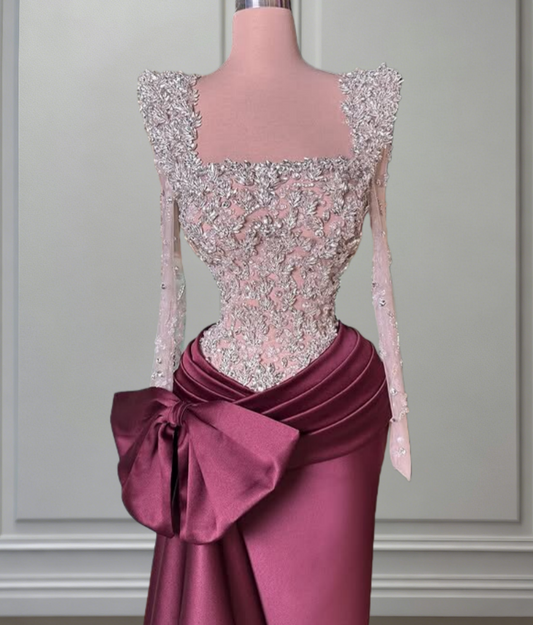 Refined Square Neck Sheath Pleated Evening Dress Bow Long Sleeve Crystals Prom Dress AP6543