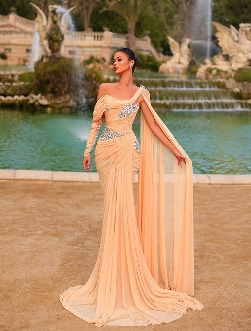Beautiful One Shoulder Evening Mermaid Dress Long Sleeve Rhinestones Prom Dress AP6544