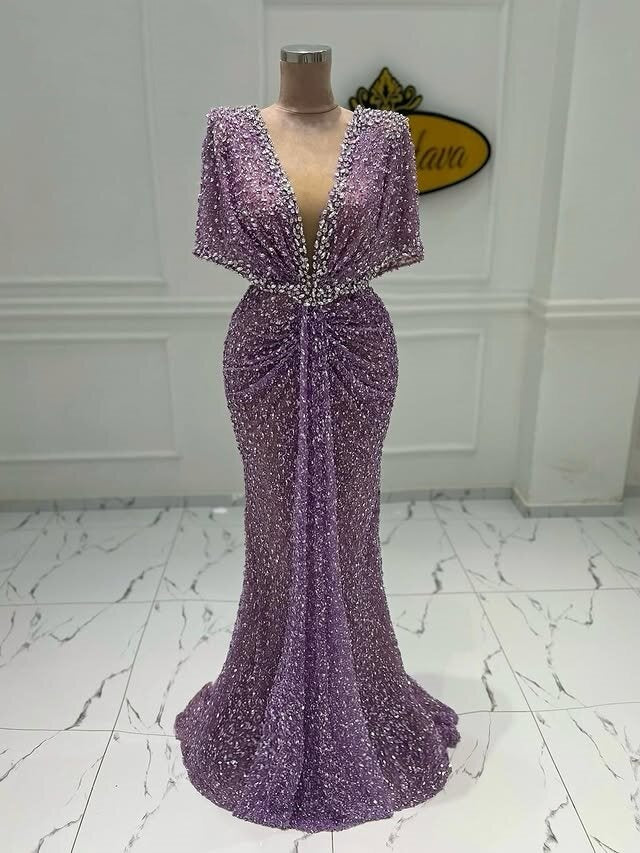 Wonderful V Neck Short Sleeve Purple Mermaid Evening Gowns Sequins Crystals Prom Dress AP6547