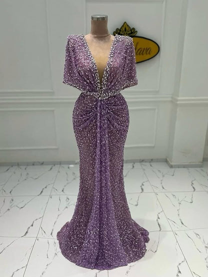 Wonderful V Neck Short Sleeve Purple Mermaid Evening Gowns Sequins Crystals Prom Dress AP6547