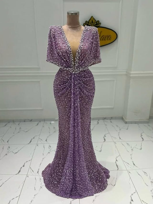 Wonderful V Neck Short Sleeve Purple Mermaid Evening Gowns Sequins Crystals Prom Dress AP6547