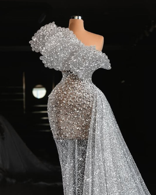 Amazing One Shoulder Sheath Bridal Dresses Beading Sequins Wedding Dress AP6548