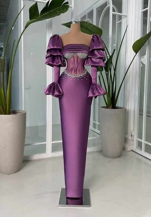 Appealing Square Neck Sheath Satin Evening Dress Crystals Long Sleeve Prom Dress AP6549