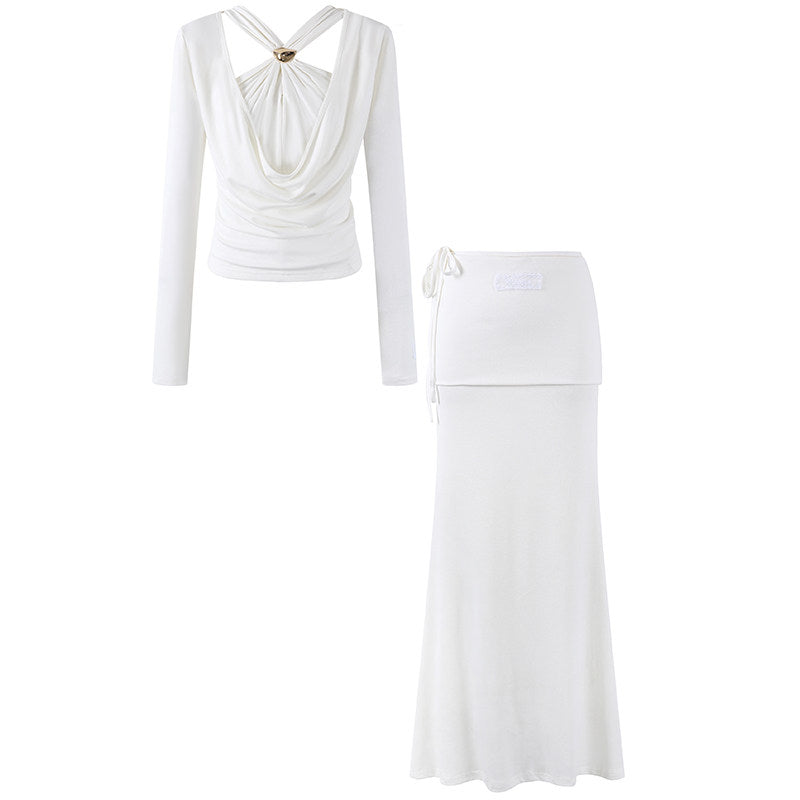 Everyday Wear Long Sleeve Cowl Neck Top Midi Skirt Two Piece Maxi Dress Chic Ivory Gold Accent Tie Wrap Co-ord Set Mermaid Long Dress AP6550