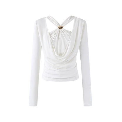 Everyday Wear Long Sleeve Cowl Neck Top Midi Skirt Two Piece Maxi Dress Chic Ivory Gold Accent Tie Wrap Co-ord Set Mermaid Long Dress AP6550