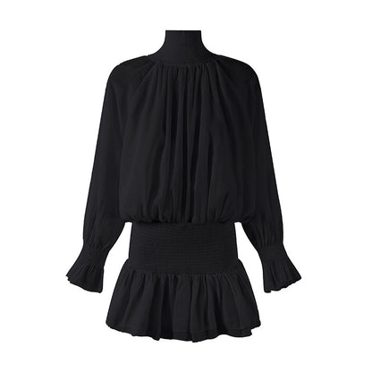 Fascinating Long Puff Sleeves Ruffle Cuffs A-Line Mini Skirt Elegant Shirred Waistband Chiffon High Mock Neck Tiered  Short Dress AP6551