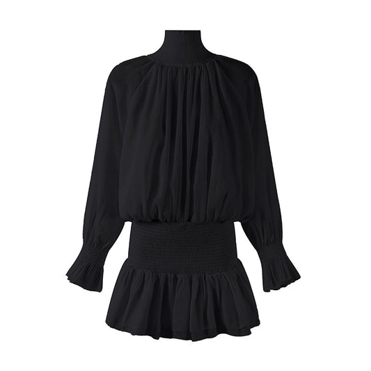 Fascinating Long Puff Sleeves Ruffle Cuffs A-Line Mini Skirt Elegant Shirred Waistband Chiffon High Mock Neck Tiered  Short Dress AP6551