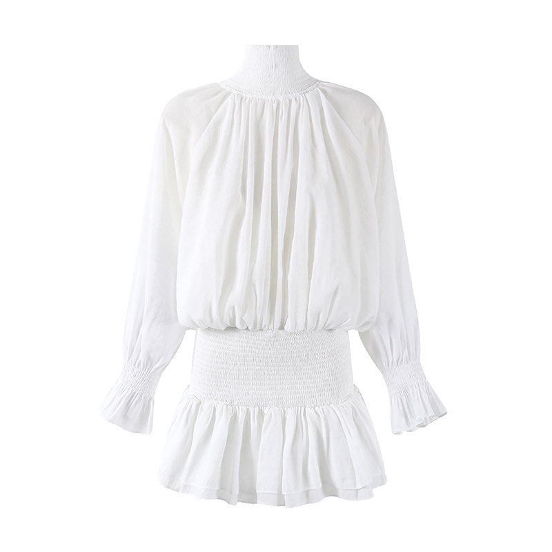 Fascinating Long Puff Sleeves Ruffle Cuffs A-Line Mini Skirt Elegant Shirred Waistband Chiffon High Mock Neck Tiered  Short Dress AP6551