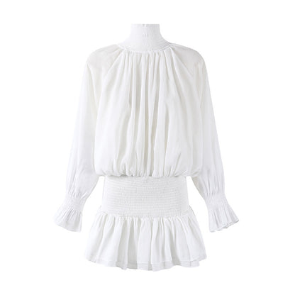Fascinating Long Puff Sleeves Ruffle Cuffs A-Line Mini Skirt Elegant Shirred Waistband Chiffon High Mock Neck Tiered  Short Dress AP6551