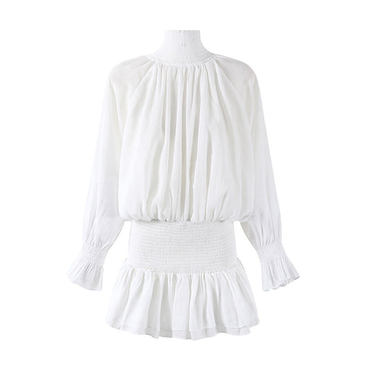 Fascinating Long Puff Sleeves Ruffle Cuffs A-Line Mini Skirt Elegant Shirred Waistband Chiffon High Mock Neck Tiered  Short Dress AP6551