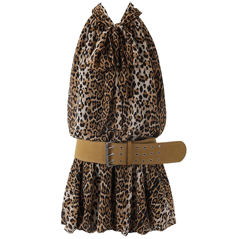 Splendid Large Bow Neck Tie Ruched Bodice Mini Skirt Sexy Leopard Halter Oversized Pleated Ruffle A-Line Short Dress AP6552