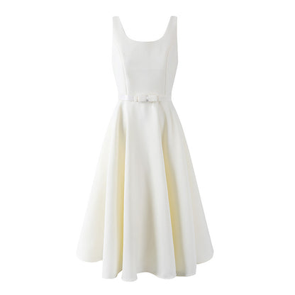 Avant-Garde Square Neck Sleeveless A-Line Maxi Dress Elegant Satin Structured Bodice Bow Belt Flared Long Dress AP6554