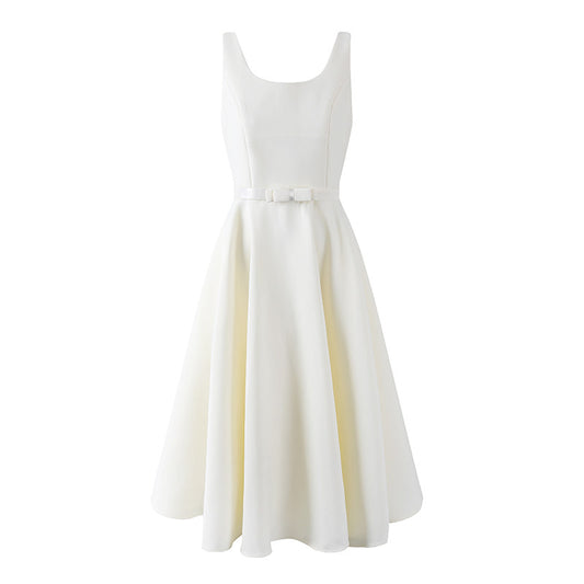 Avant-Garde Square Neck Sleeveless A-Line Maxi Dress Elegant Satin Structured Bodice Bow Belt Flared Long Dress AP6554