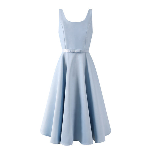 Avant-Garde Square Neck Sleeveless A-Line Maxi Dress Elegant Satin Structured Bodice Bow Belt Flared Long Dress AP6554