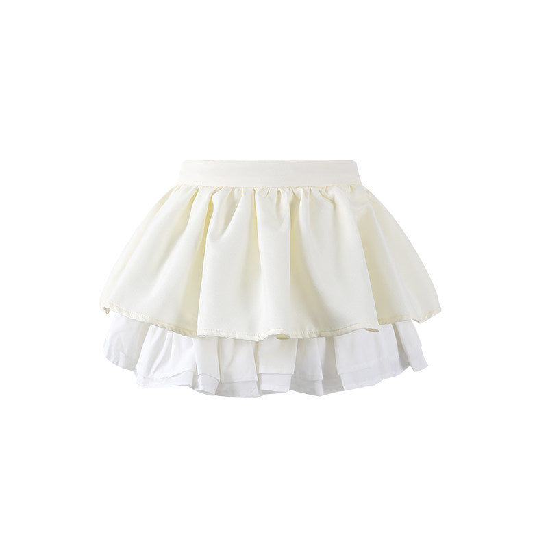 Eye-Catching Multi-Tier Ruffle Hem Label Collar A-Line Mini Skirt Romantic Ivory Long Sleeve Top Two Piece Pearl Button Short Dress AP6555