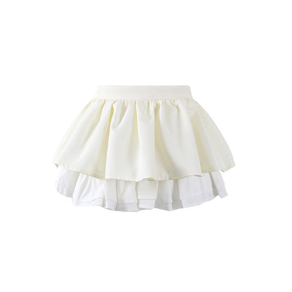 Eye-Catching Multi-Tier Ruffle Hem Label Collar A-Line Mini Skirt Romantic Ivory Long Sleeve Top Two Piece Pearl Button Short Dress AP6555