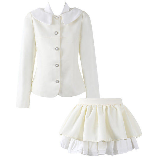 Eye-Catching Multi-Tier Ruffle Hem Label Collar A-Line Mini Skirt Romantic Ivory Long Sleeve Top Two Piece Pearl Button Short Dress AP6555